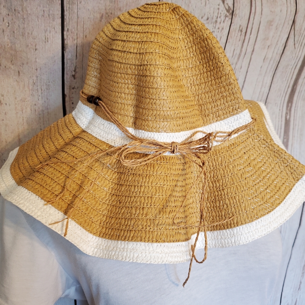 Paper straw sun hat tan with white trim, twine bow and wood beads